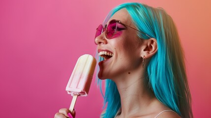 a young woman with blue hair eating a pink popsicle