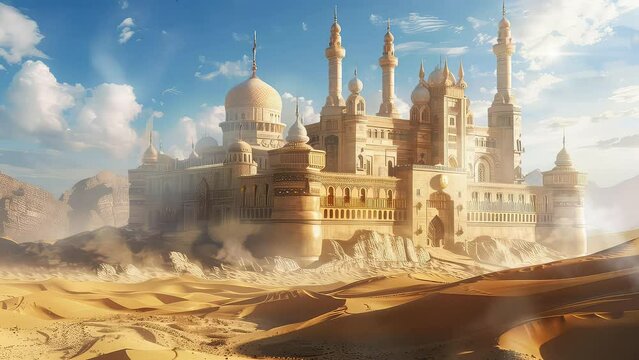 Animation magnificent palace in the middle of the desert. seamless 4k video looping background. generated with ai