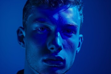 Intense close-up portrait of a Caucasian man in blue lighting, with a serious expression.

