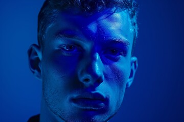 Intense close-up portrait of a Caucasian man in blue lighting, with a serious expression.
