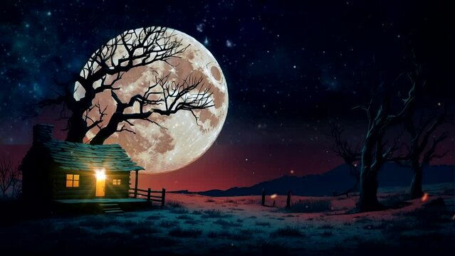 illustration halloween owl full moon house in night forest