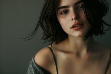 Fototapeta premium Attractive young woman with bob haircut and freckles, serious expression, beauty portrait in soft light.
