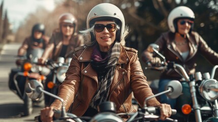 Confident mature woman riding a motorcycle with friends on an open road, with a sense of freedom and adventure