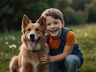 A child and his dog are sitting in the garden, friendship