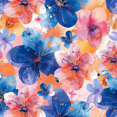 Seamless pattern of pink and blue flowers