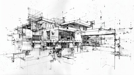 Complex architectural ink drawing of a modern building.