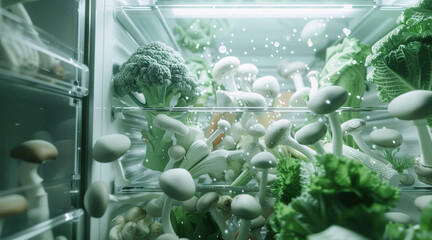 Green vegetables and mushrooms and carrots in one direction towards the centre of a refrigerator.