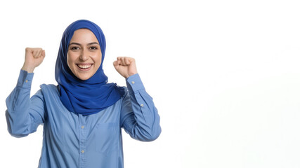 Arabian Business Woman in blue shirt has good news, smile and raised hands