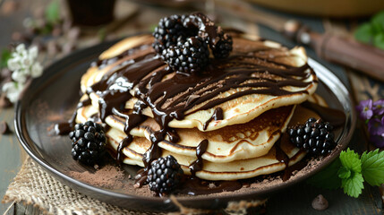 Tasty homemade pancakes with chocolate and blackberrie