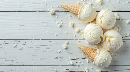 Tasty ice cream on white wooden background