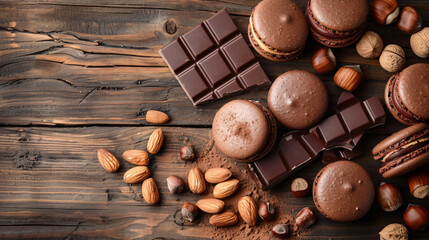 Tasty macarons chocolate and hazelnuts on wooden background