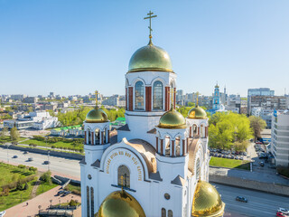 Summer Yekaterinburg and Temple on Blood in beautiful clear sunset.. Aerial view of Yekaterinburg,...