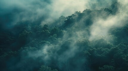 A dense fog rolling over a forest, creating a mystical and ethereal atmosphere in the early morning light. - Powered by Adobe