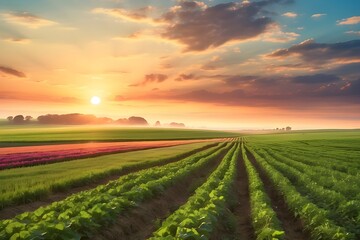 A lush, green field stretches out before you, dotted with colorful crops grown using clever farming methods. The sun sets in the distance, casting a warm glow over the scene.