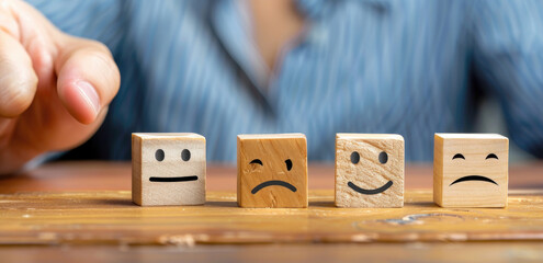A person is pointing at three wooden blocks with smiley faces on one and sad face icons on the...