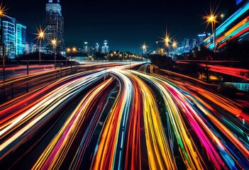 Obraz premium vibrant light trails from long exposure night traffic, city, cars, motion, illuminated, urban, streets, speed, streaks, highway, driving, movement, vehicle