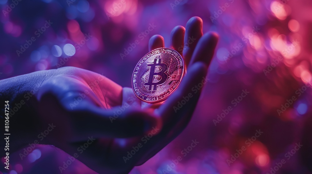 Poster futuristic concept of cryptocurrency: male hand interacting with bitcoin hologram on ultraviolet bac