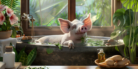 A cute little pig takes a bubble bath to keep himself clean and hygienic,
