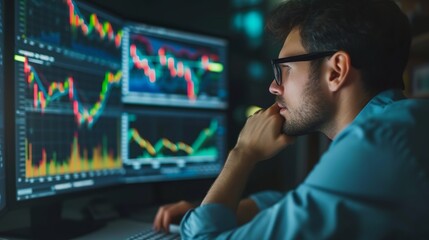 Fototapeta premium Focused entrepreneur evaluating financial trends on stock market graphs for investment strategies