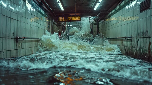 Water flows through the entrance to a subway station in the city. The damage from the storm was evident.