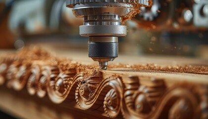 Closeup of a power tool router rounding the edges of a corner of wood.