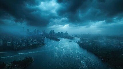 Dark and gloomy Sydney city with dark clouds