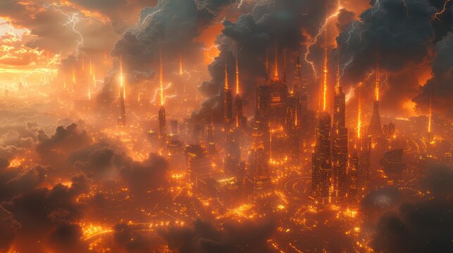 Surrounded by buildings and roads And there were many orange lightning strikes that hit various lightning rod towers.