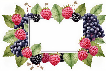 Square frame decorated with made up of colorful berries. There are blackberries, blueberries, and green leaves. on a white background