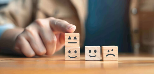 A person is pointing at three wooden blocks with smiley faces on one and sad face icons on the other two, symbolizing a customer's silence of good or bad service experiences