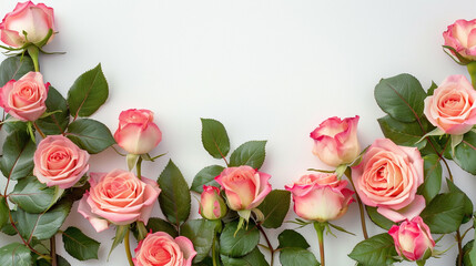 A decorative frame of blooming pink roses with green leaves set against a stark white background.