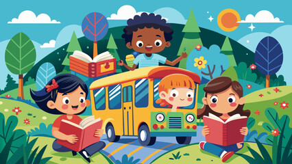 children-sharing-books-and-comics-on-the-school-bu