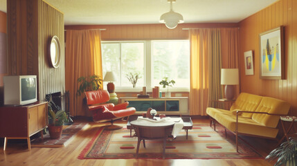 70s home decor interior design living room with a  sleek lounge chair