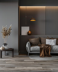 Chic minimalist interiors with elegant furniture and natural window lighting. Interior design composition with minimal furniture.