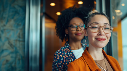 Two diverse business woman exiting an elevator while going to work