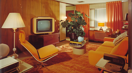 70s home decor interior design living room with a  sleek lounge chair