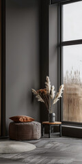 Chic minimalist interiors with elegant furniture and natural window lighting. Interior design composition with minimal furniture.