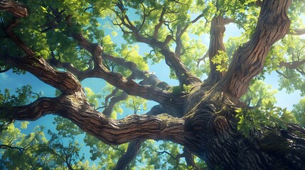 Majestic oak tree standing tall in a serene forest,its knotted bark and lush green leaves highlighted against a clear blue sky,emanating a sense of