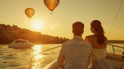 Couple enjoying a sunset boat ride with hot air balloons in the sky