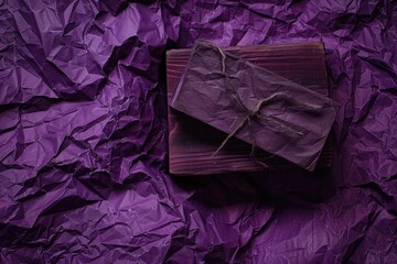 A crumpled paper background in rich purple, with a small, wooden box on it,