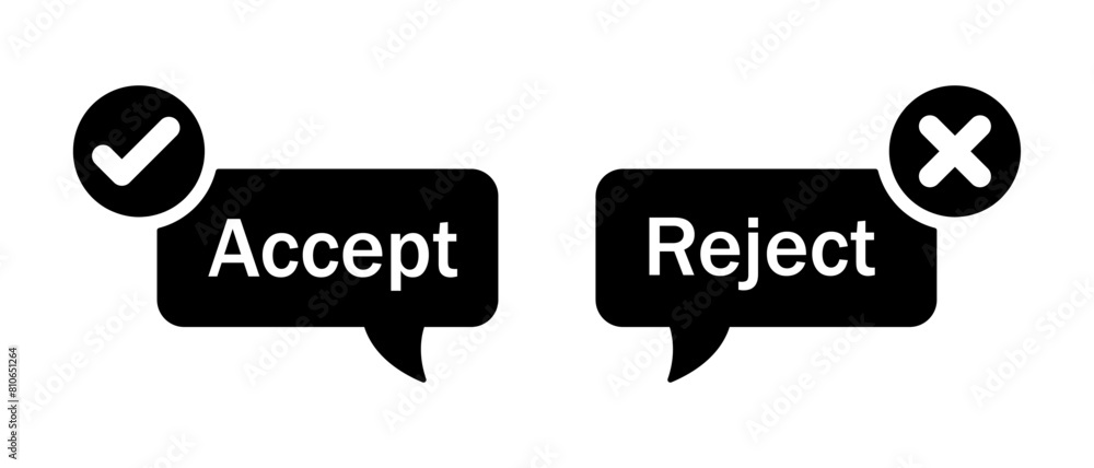 Aufkleber accept and reject button icon with tick and cross symbol in call out style in black and white. right