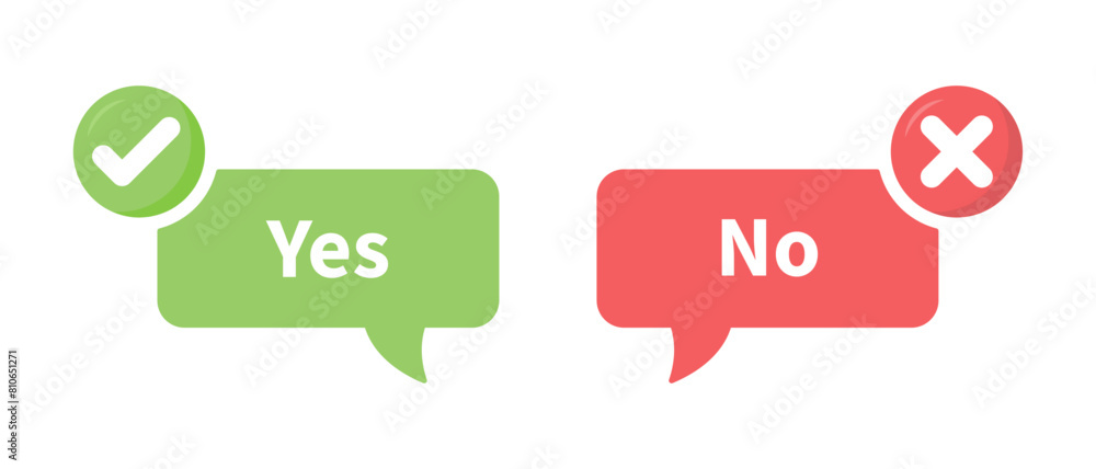 Aufkleber yes and no icon with tick and cross symbol call out style. yes and no buttons in green and red color