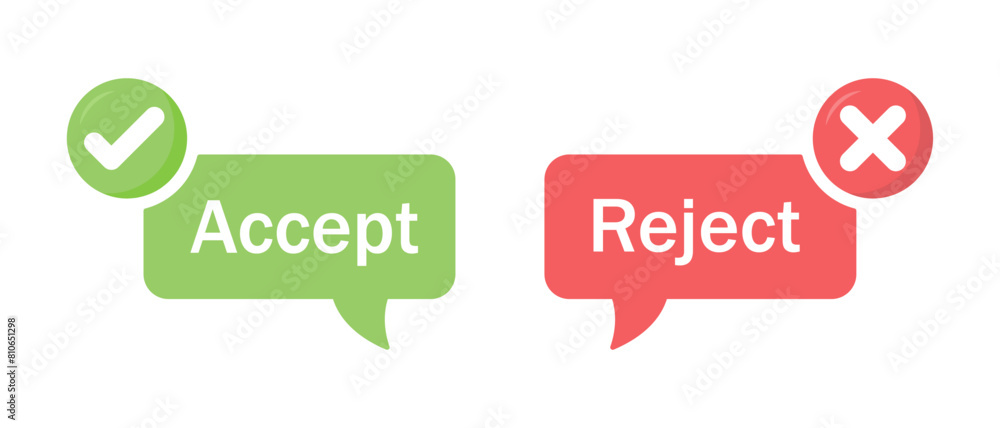 Poster accept and reject button icon with tick and cross symbol in call out style. right and wrong buttons 