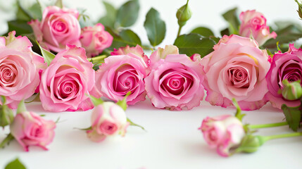 Fresh pink roses with foliage forming an organic frame on a white canvas, perfect for a romantic theme.