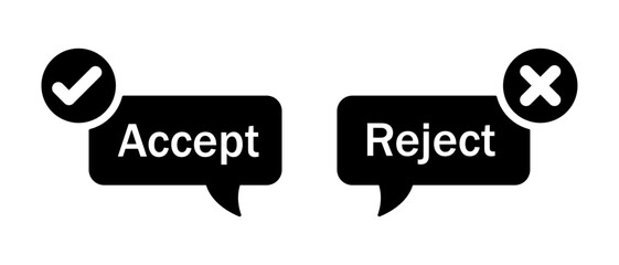 Accept and reject button icon with tick and cross symbol in call out style in black and white. Right and wrong buttons symbols. Check box icon with right and wrong sign. Vector