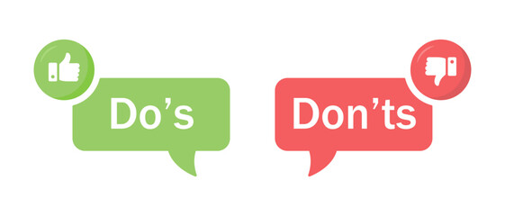 Do's and don'ts icon with thumbs up and thumbs down symbol in text call out style in green and red color. Do's and don'ts button icon with like and dislike symbol in colored. Yes and no vector.