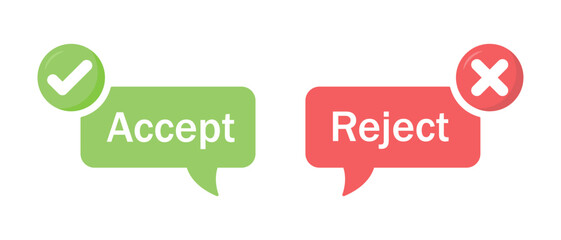 Accept and reject button icon with tick and cross symbol in call out style. Right and wrong buttons symbols. Check box icon with right and wrong sign. Vector