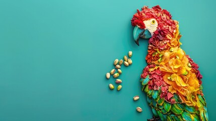 A colorful parrot shaped out of dried papaya and pistachios on a tropical turquoise background.