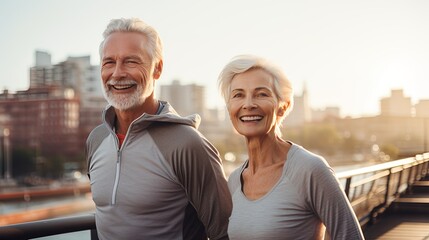 smiling Caucasian man and woman married couple over 60 years old jogging in sportswear. playing sports in old age in nature
