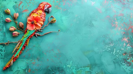 A colorful parrot shaped out of dried papaya and pistachios on a tropical turquoise background.