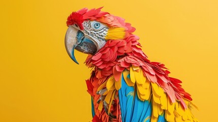 A colorful parrot created using dried papaya and sunflower seeds against a bright yellow base.